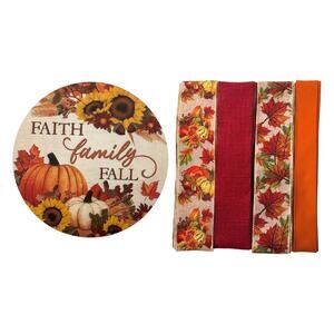 Faith Family Fall Sunflower Pumpkin Sign & Ribbon Bundle Set, DIY Wreath Kit